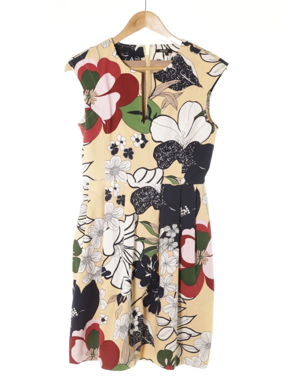 Raoul Abstract Floral V-Neck Pleated Sheath Dress Womens S Cotton Blend Retro